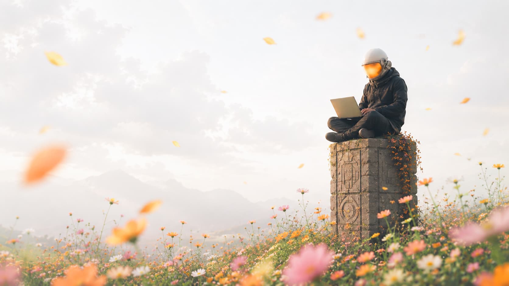 A helmeted developer working from a laptop in a flower meadow.